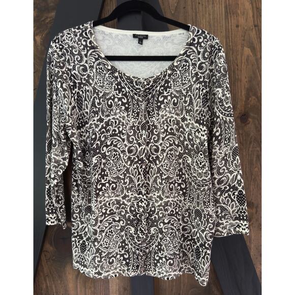 TALBOTS Knit Button Front Cardigan Sweater Brown & White Paisley Pattern Large - Picture 1 of 11